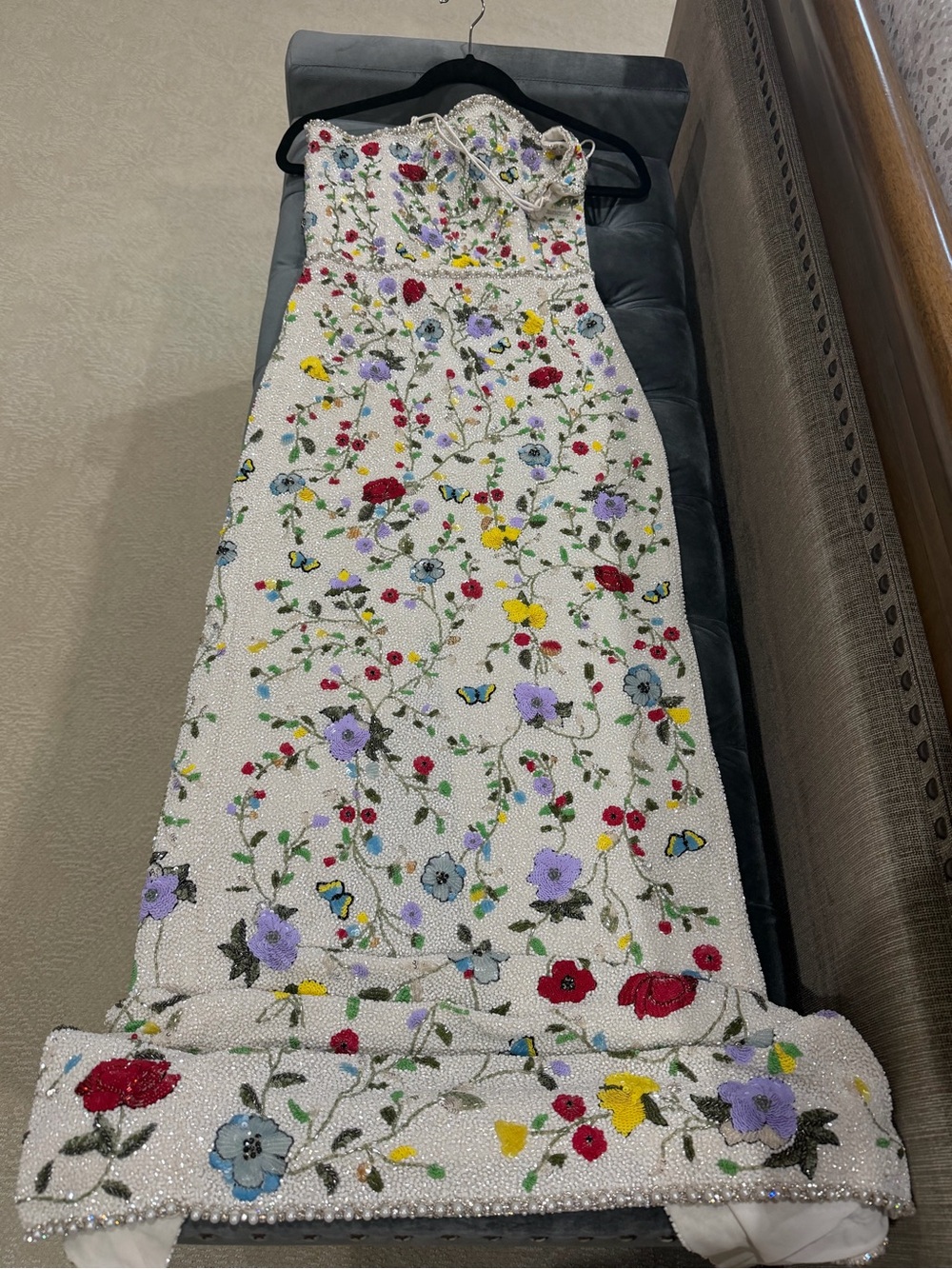 Alice + Olivia Strapless White Beaded Gown with Multicolor Floral Embroidery